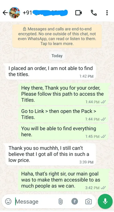 WhatsApp message from a customer about the bundle
