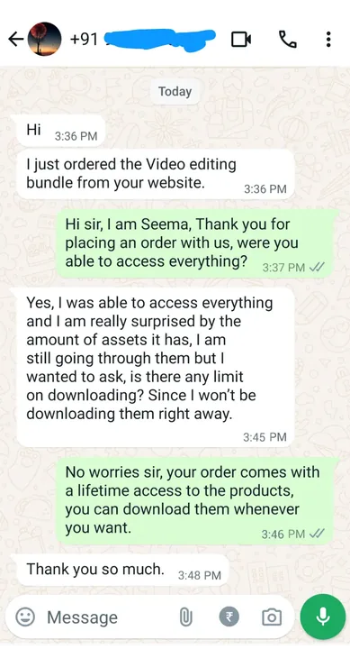 WhatsApp message from a customer about the bundle