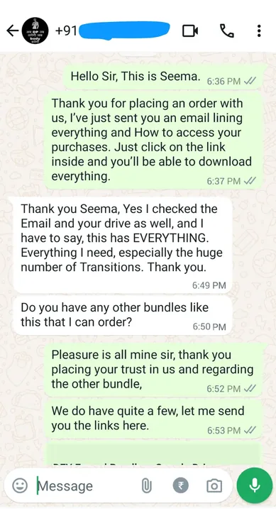 WhatsApp message from a customer about the bundle