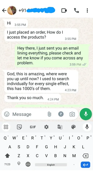 WhatsApp message from a customer about the bundle