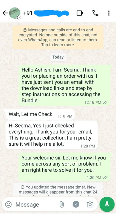 WhatsApp message from a customer about the bundle